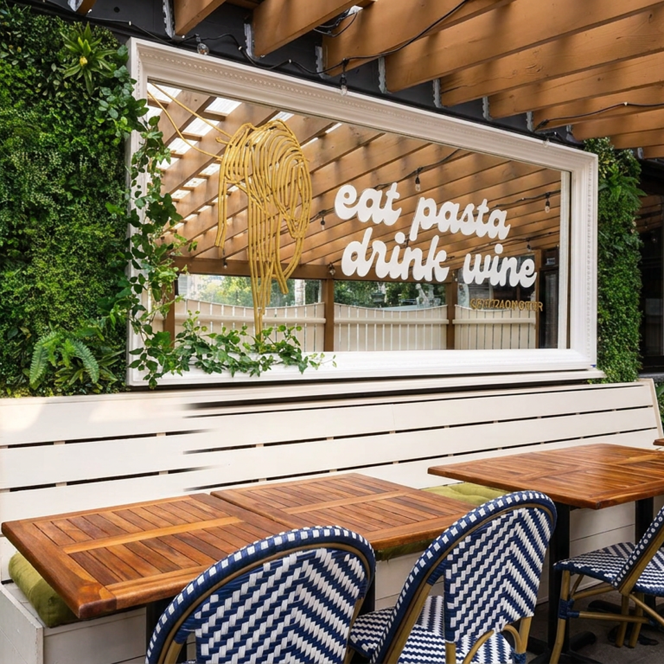 Outdoor restaurant patio with wooden tables, blue-and-white woven chairs, lush greenery, and a mirror reading “eat pasta drink wine.”