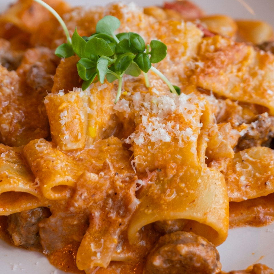 Rigatoni pasta with meat sauce, grated cheese, and fresh greens served on a white plate.