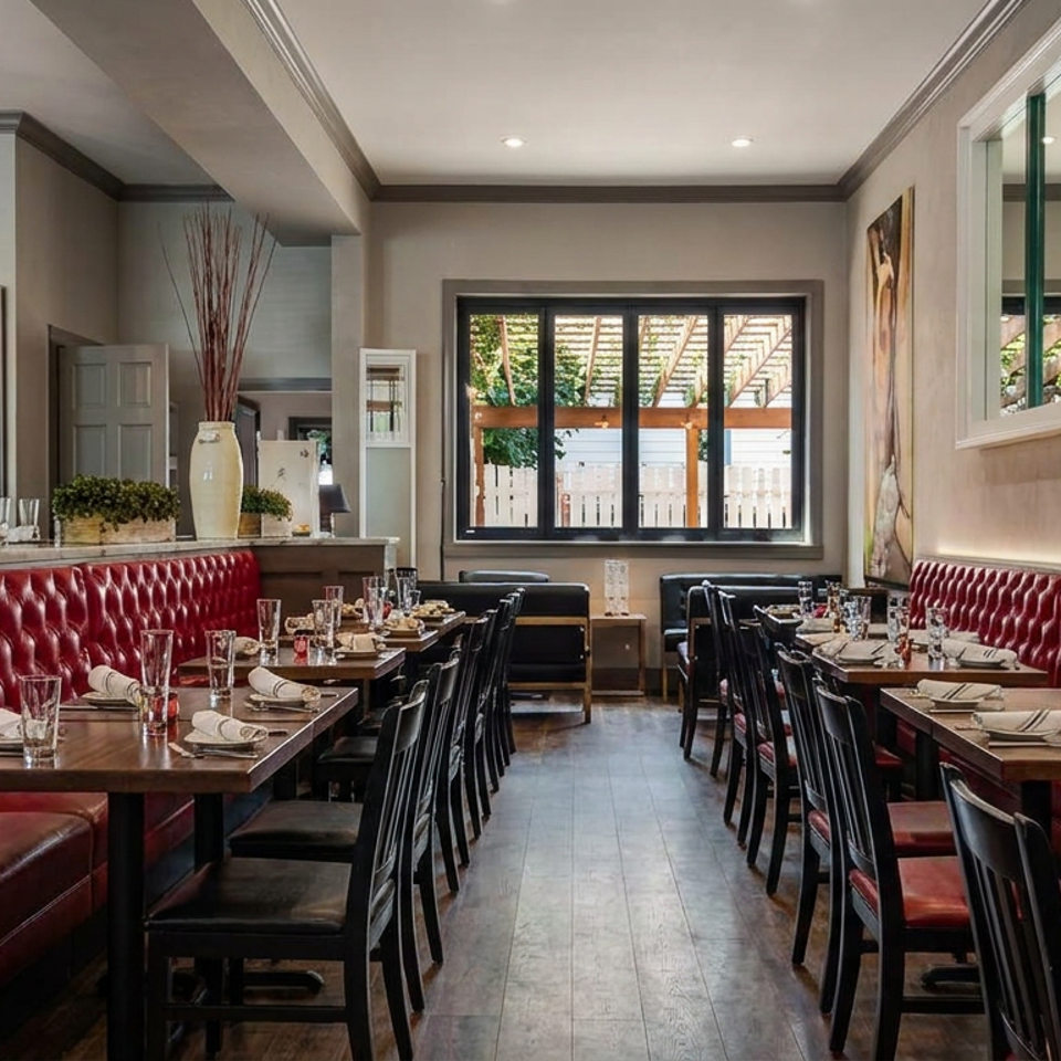Upscale restaurant dining room with red tufted leather booths, set tables, black chairs, decorative vases, and large windows.