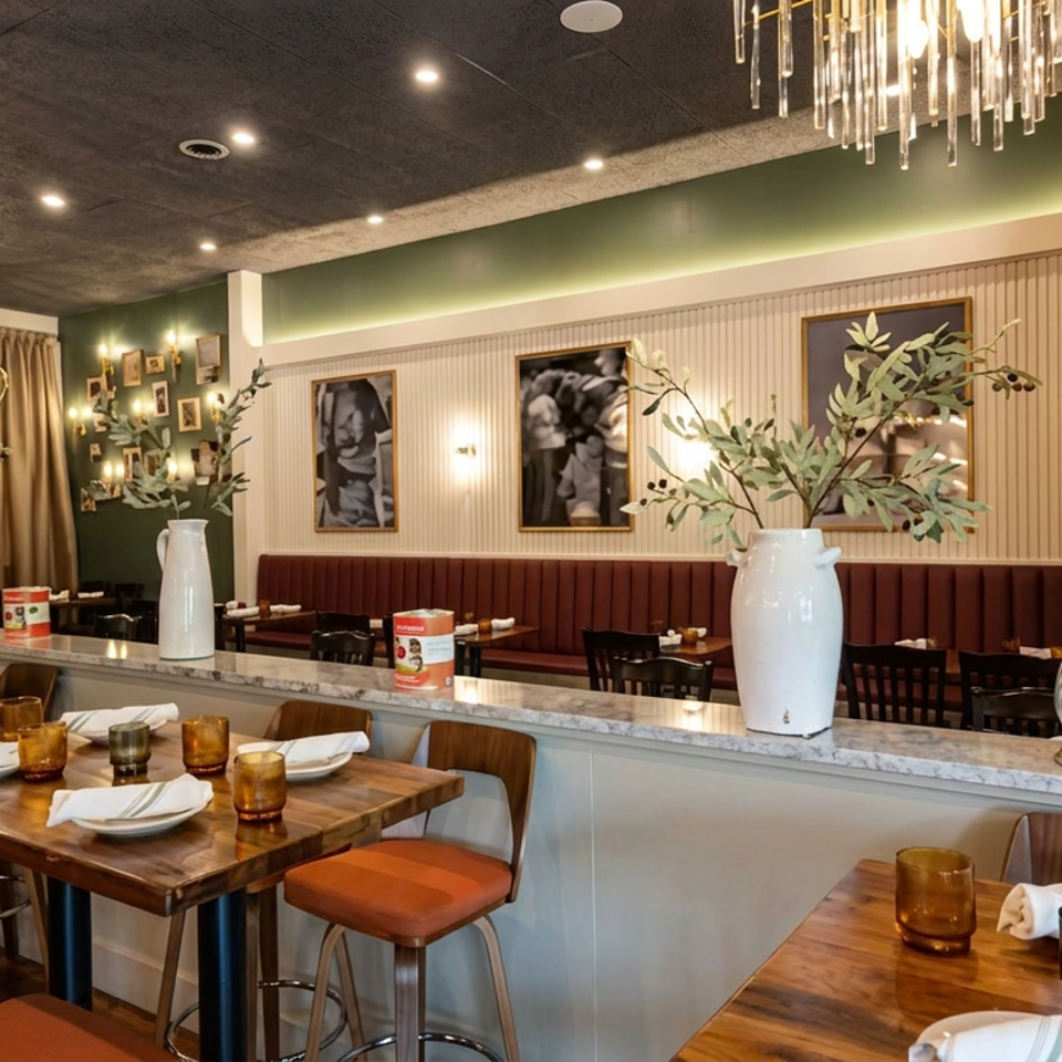 Elegant restaurant dining room with wood tables, orange-cushioned chairs, place settings, chandeliers, floral vases, and dark green walls.