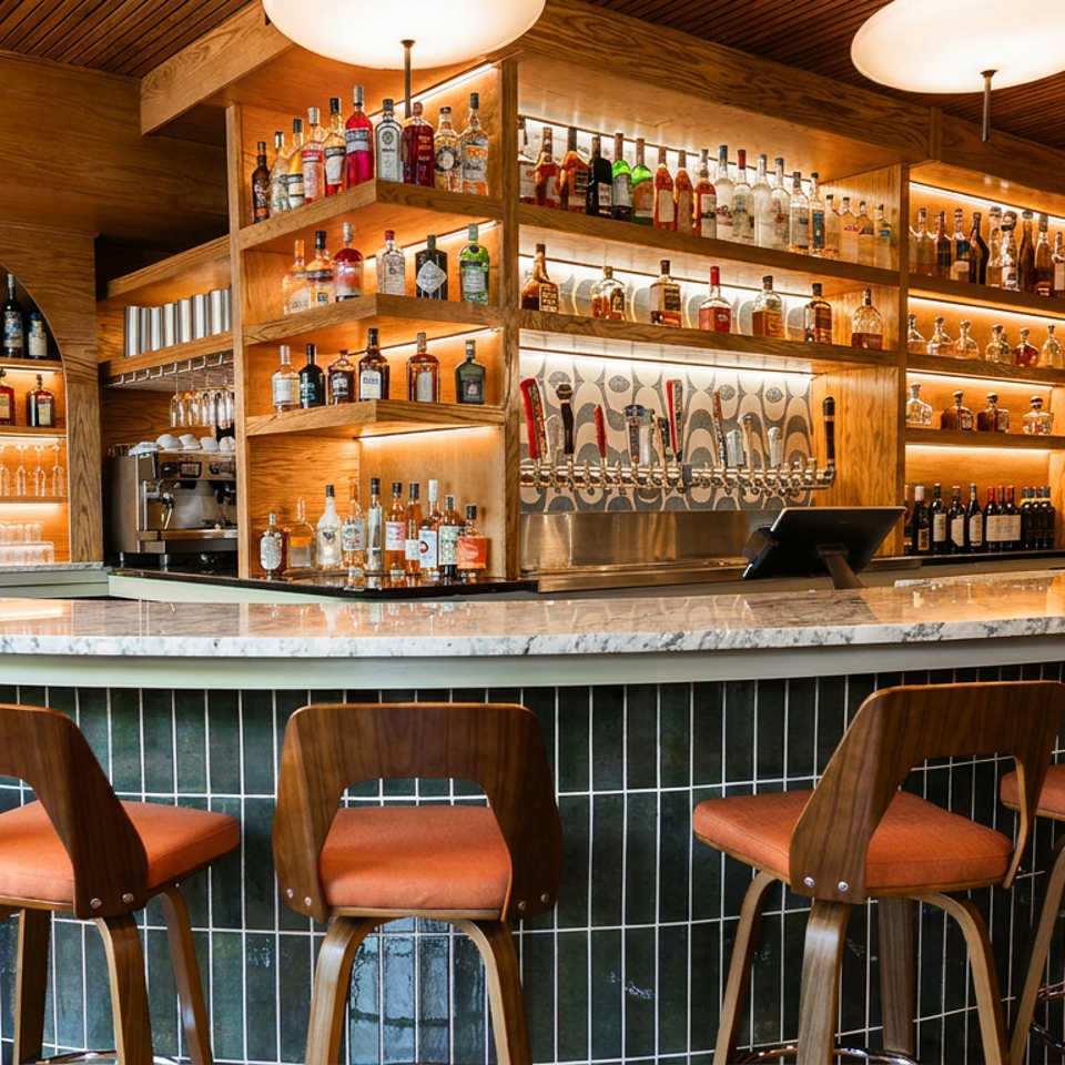 Warmly lit restaurant bar with marble countertop, wooden shelving filled with liquor bottles, and orange-cushioned stools.