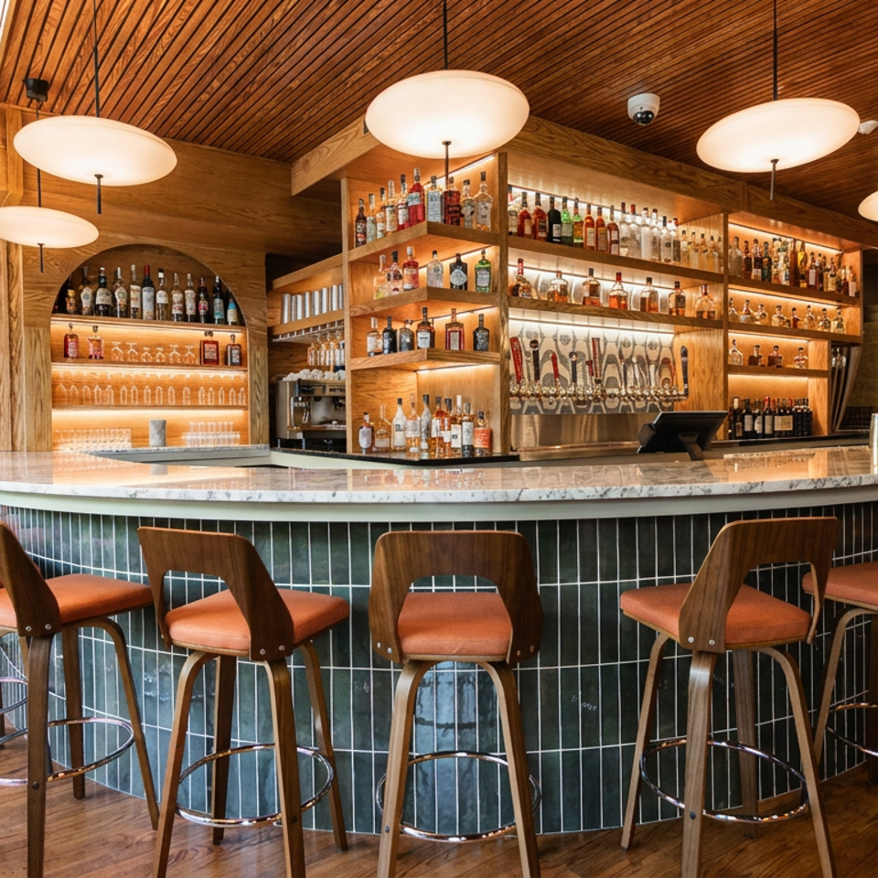 Stylish restaurant bar with a marble counter, green tile facade, liquor shelves, pendant lighting, and wooden stools.