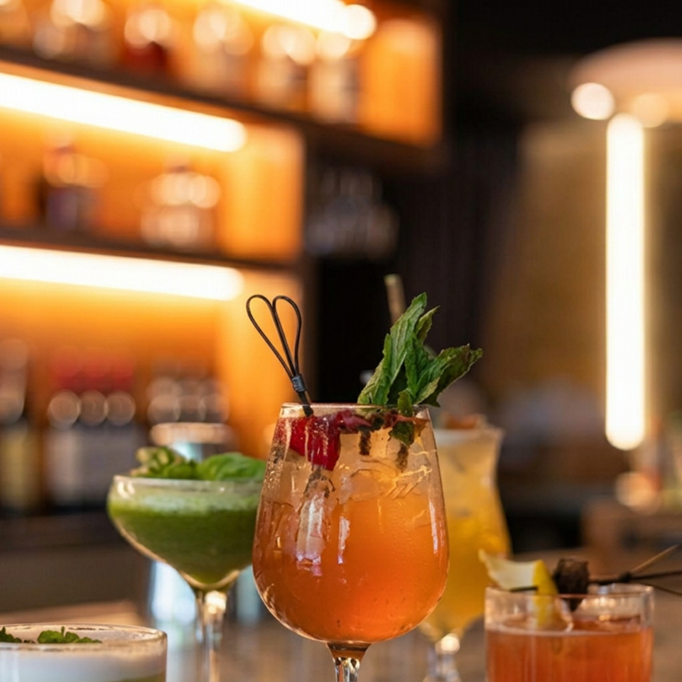 Colorful cocktails garnished with mint and fruit sit on a bar counter against warmly lit shelves of bottles.