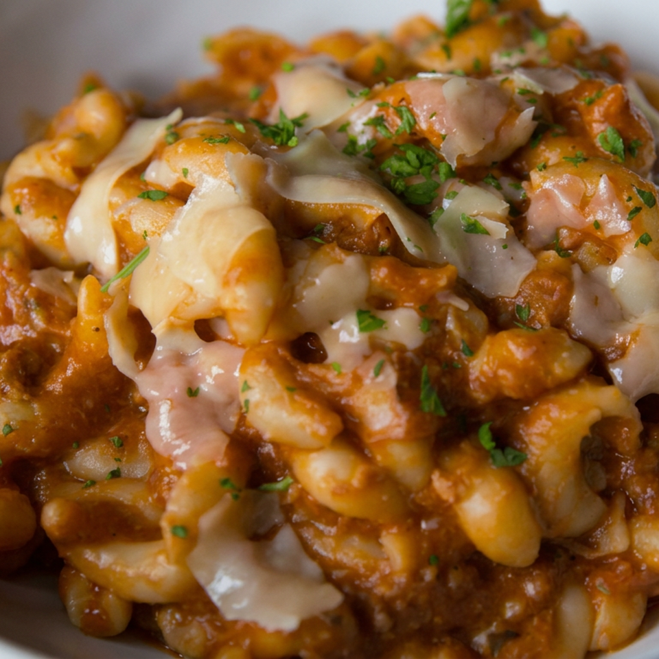 Bowl of creamy tomato-sauced cavatappi pasta topped with melted cheese, herbs, and pieces of meat.