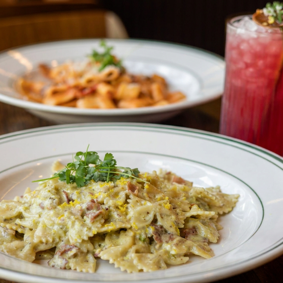 Creamy farfalle pasta garnished with herbs and lemon zest, paired with two pink iced drinks and another pasta dish.