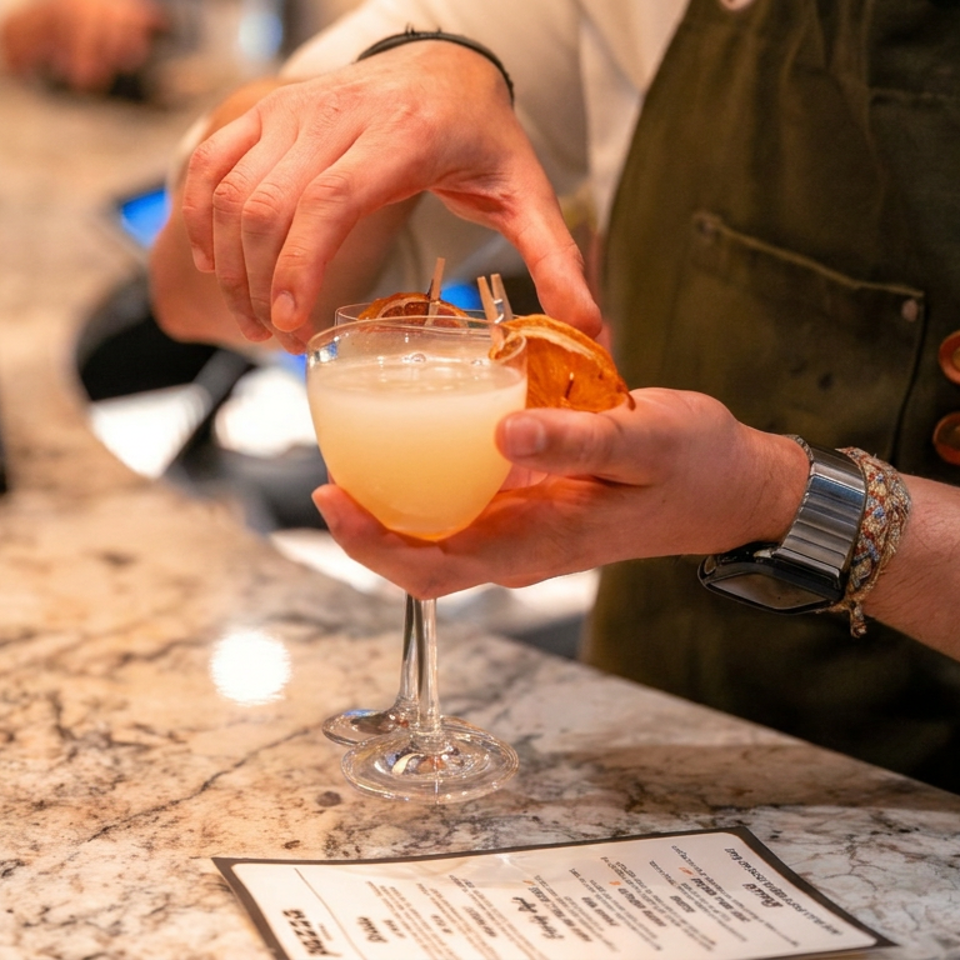 Bartender garnishes a pale orange cocktail with a citrus slice at a marble restaurant bar.