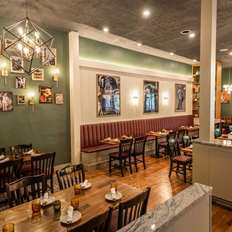 Warmly lit restaurant dining room with green walls, framed artwork, wood tables, banquette seating, and elegant chandeliers.