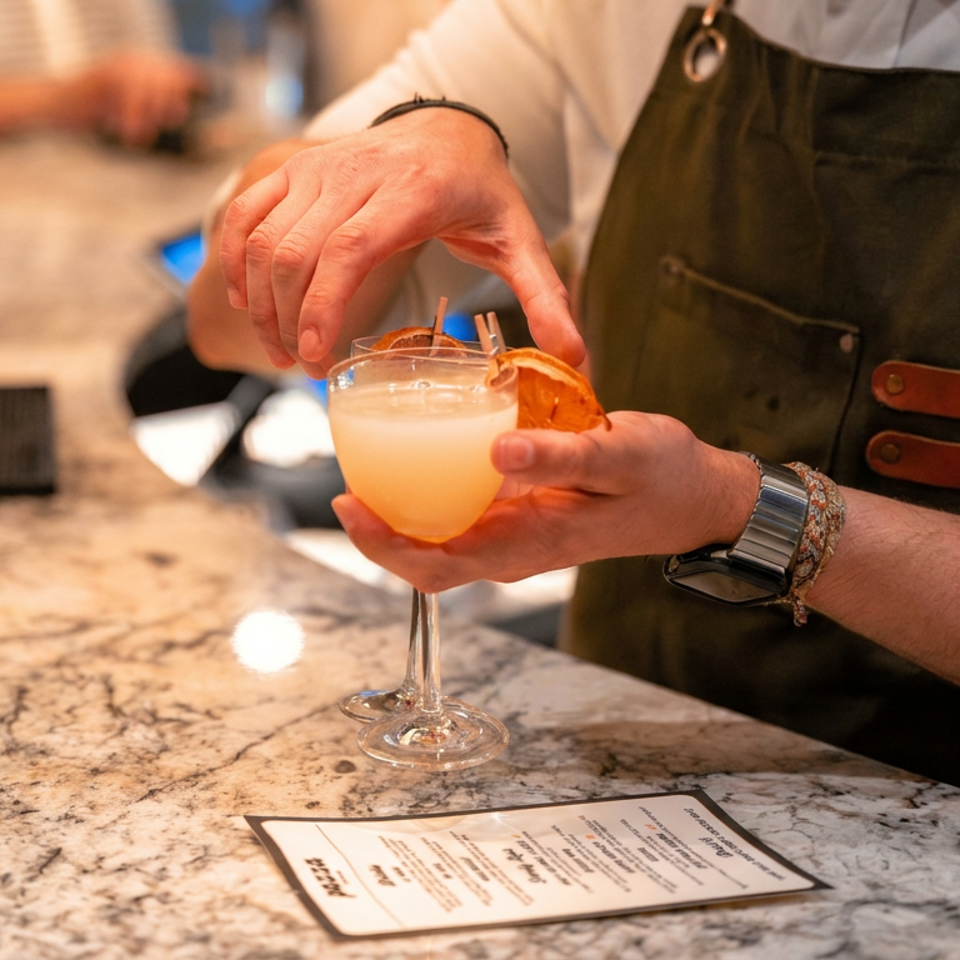 Bartender garnishes a pale citrus cocktail with an orange slice at a marble restaurant bar.