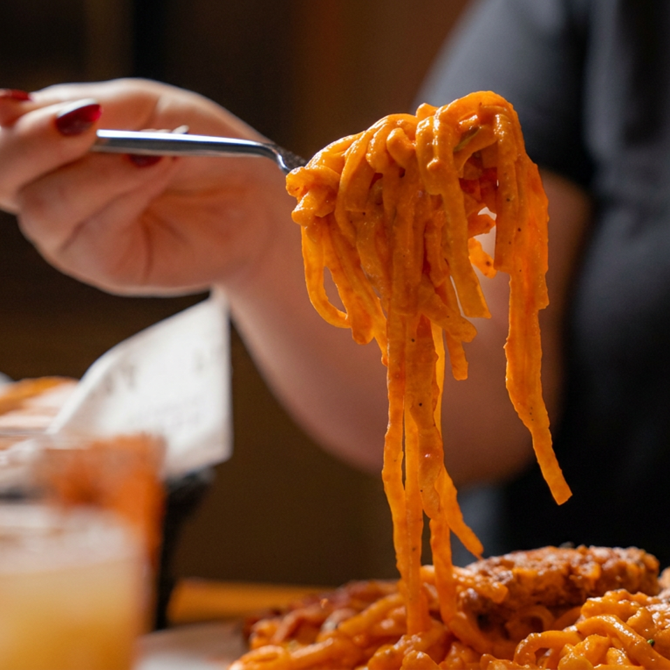 Fork lifting creamy orange-sauced pasta above a plate, with bread and a diner in black clothing in the background.