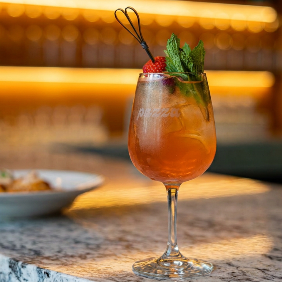 Orange cocktail garnished with mint and a strawberry sits on a marble bar, with warm restaurant lighting and a blurred dish behind it.